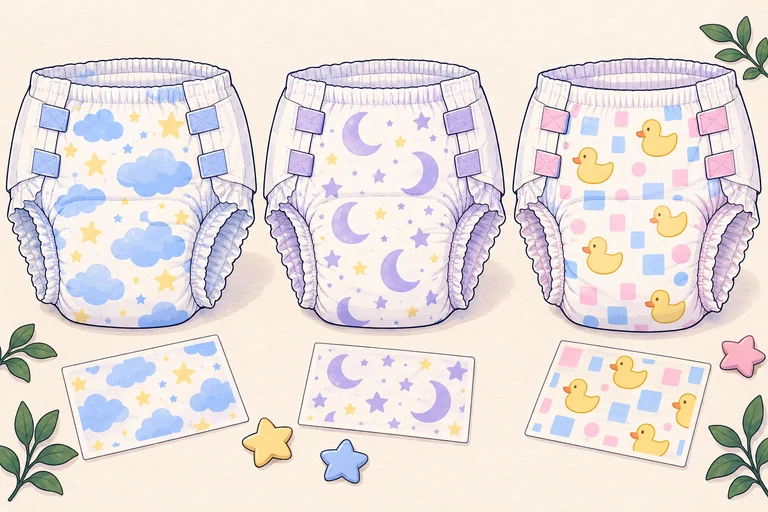 Clean illustrated adult-sized disposable diapers with cloud, moon and duck prints, side tapes and gathered cuffs