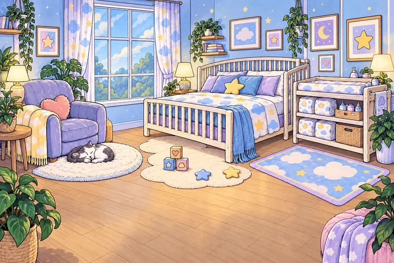 Padded Play concept illustration of an adult-sized nursery with a full-size crib, lounge chair and changing table