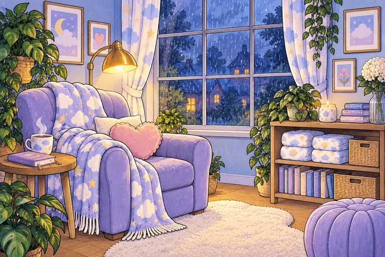 Illustrated adult reading corner with a lounge chair, books and rainy window
